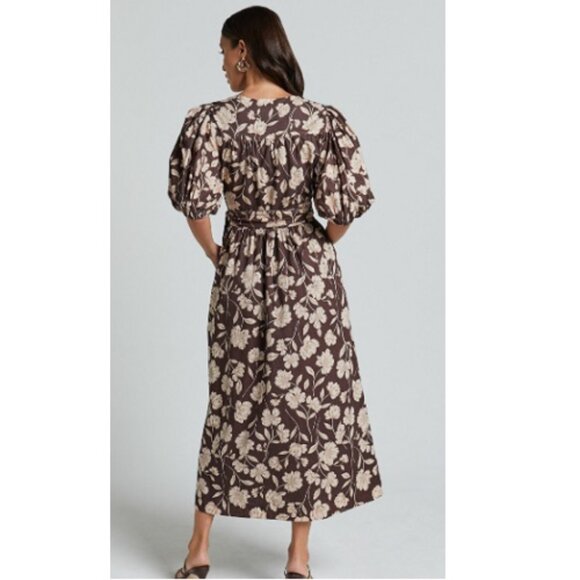 Amalie the Label Francie Midi Wrap Dress 4 NEW Sahara Floral Brown Linen Cotton - Picture 2 of 8